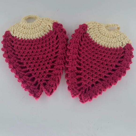 Vintage Crochet Potholders Set 2 Raspberry Yarn Beige Pink Handmade Pot Holder - Picture 5 of 5